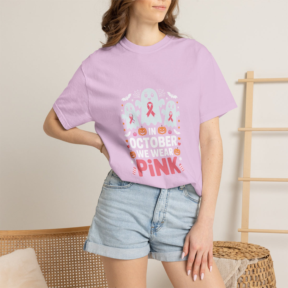 Breast Cancer Halloween Ghost T-Shirt — "In October We Wear Pink"