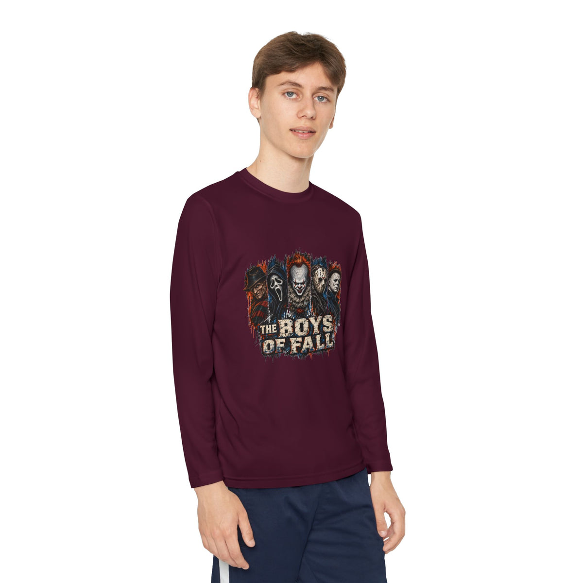 Youth Long Sleeve Tee — "The Boys of Fall" Horror Mask Graphic