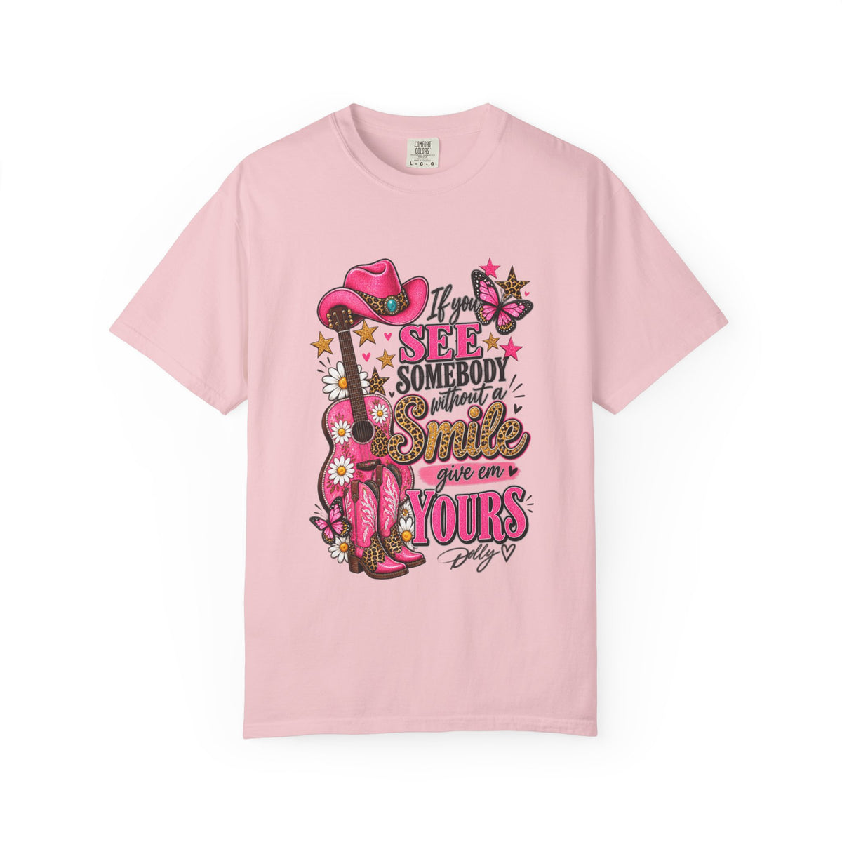 Dolly Cowgirl Guitar T‑Shirt — "If I See Somebody Smile You’re Yours" Graphic Tee