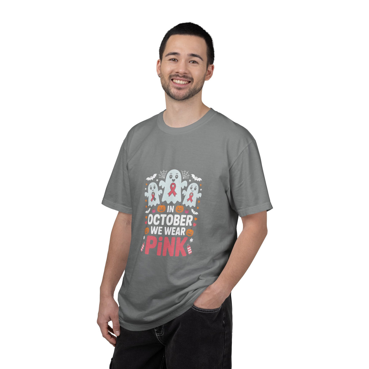 Breast Cancer Halloween Ghost T-Shirt — "In October We Wear Pink"