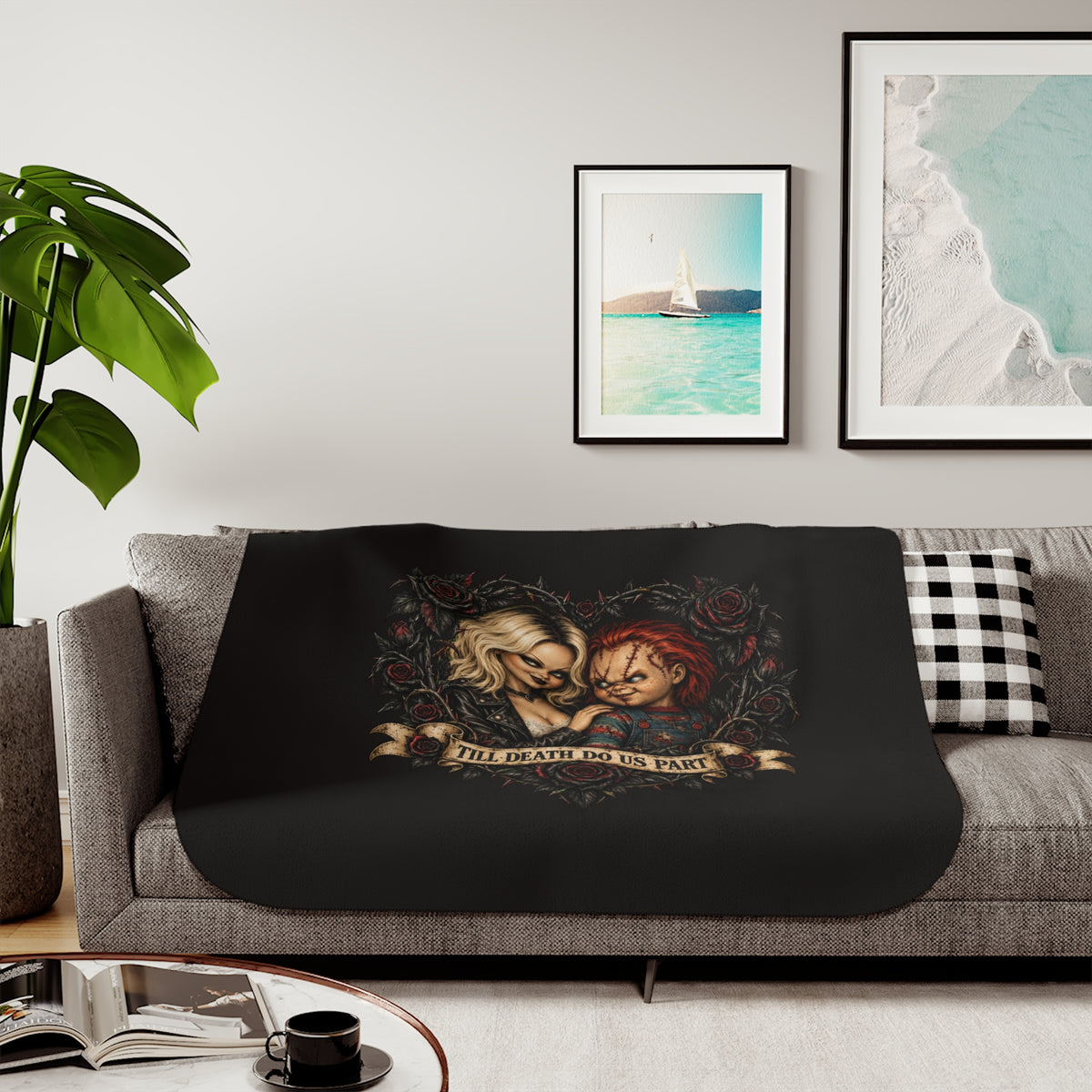 Sherpa Blanket - 'Till Death Do Us Part' Gothic Couple Rose Design, Cozy Throw for Couples & Horror Fans
