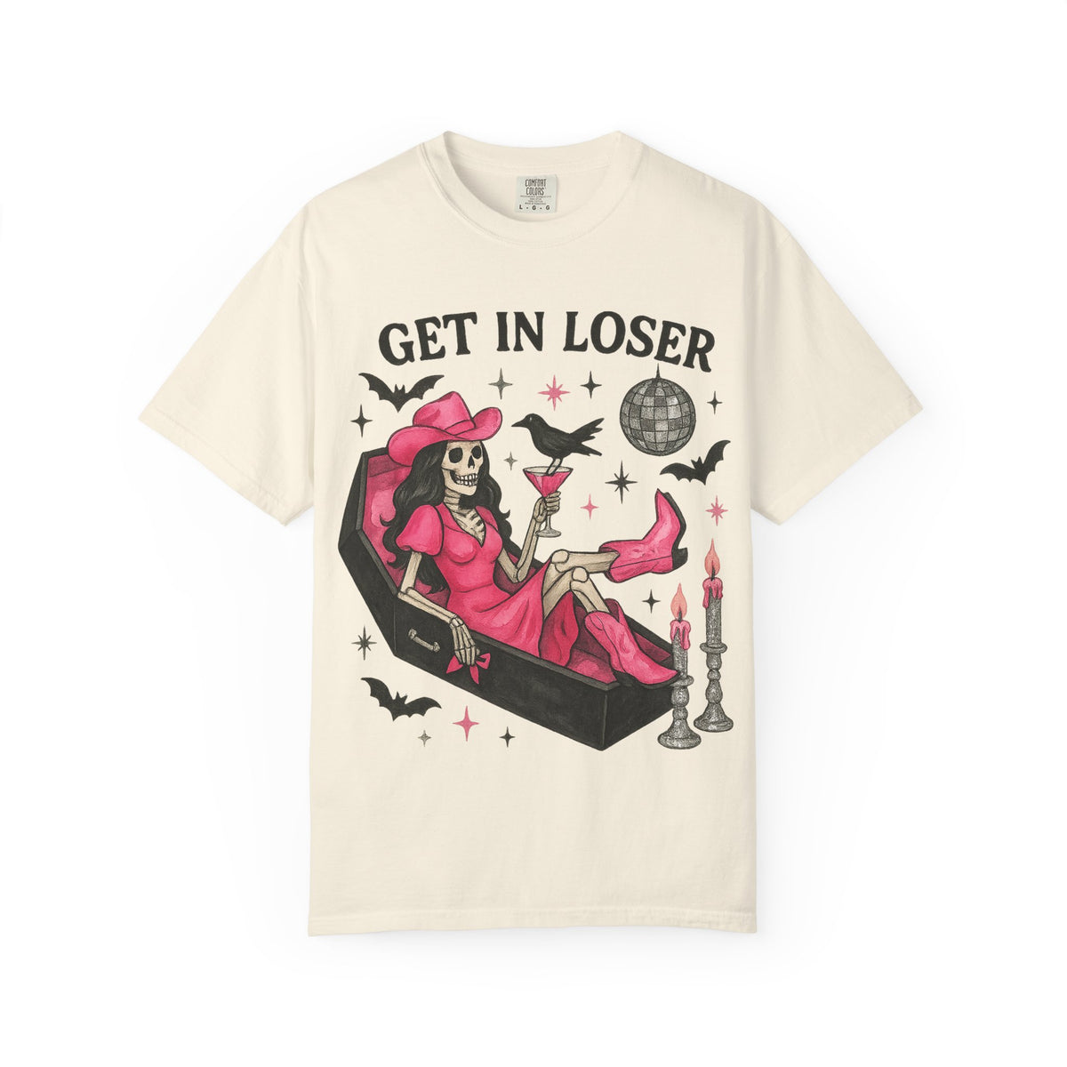 Get In Loser Skeleton Tee — Retro Gothic Witch Coffin Halloween T‑Shirt