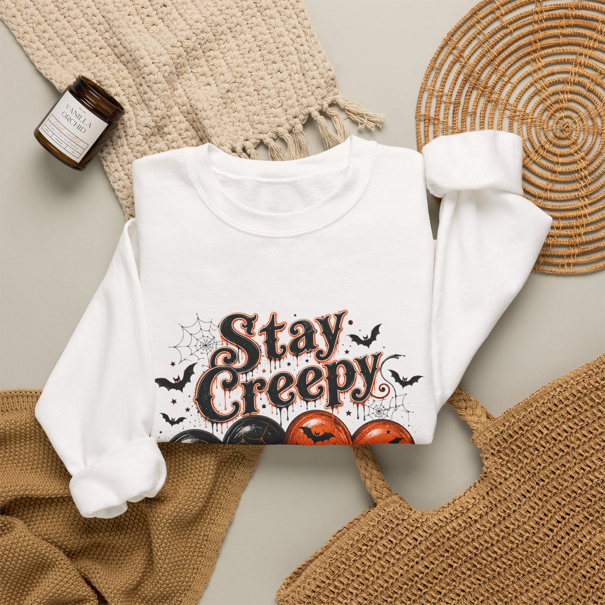 Stay Creepy Sweatshirt — Halloween Heart & Bats Cozy Crewneck