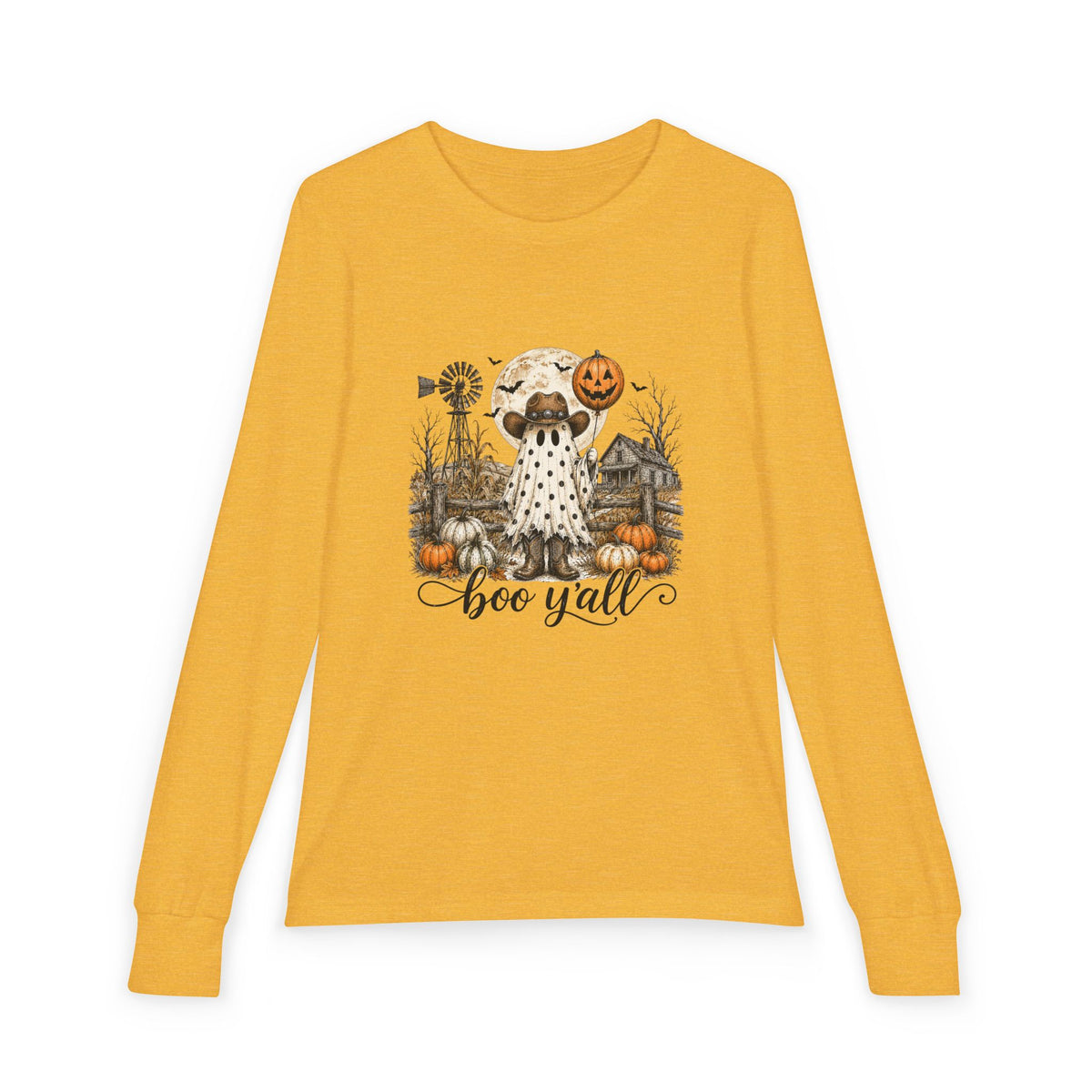 Youth Long Sleeve Tee — Halloween Boo Y'all Ghost Dog Pumpkin Design