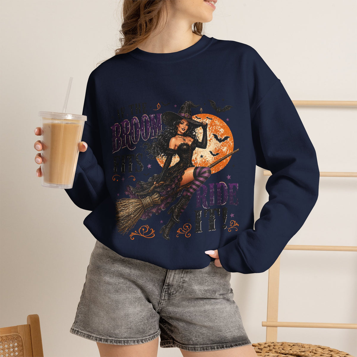 Witch on Broom Halloween Sweatshirt — “If the Broom Fits, Ride It!”