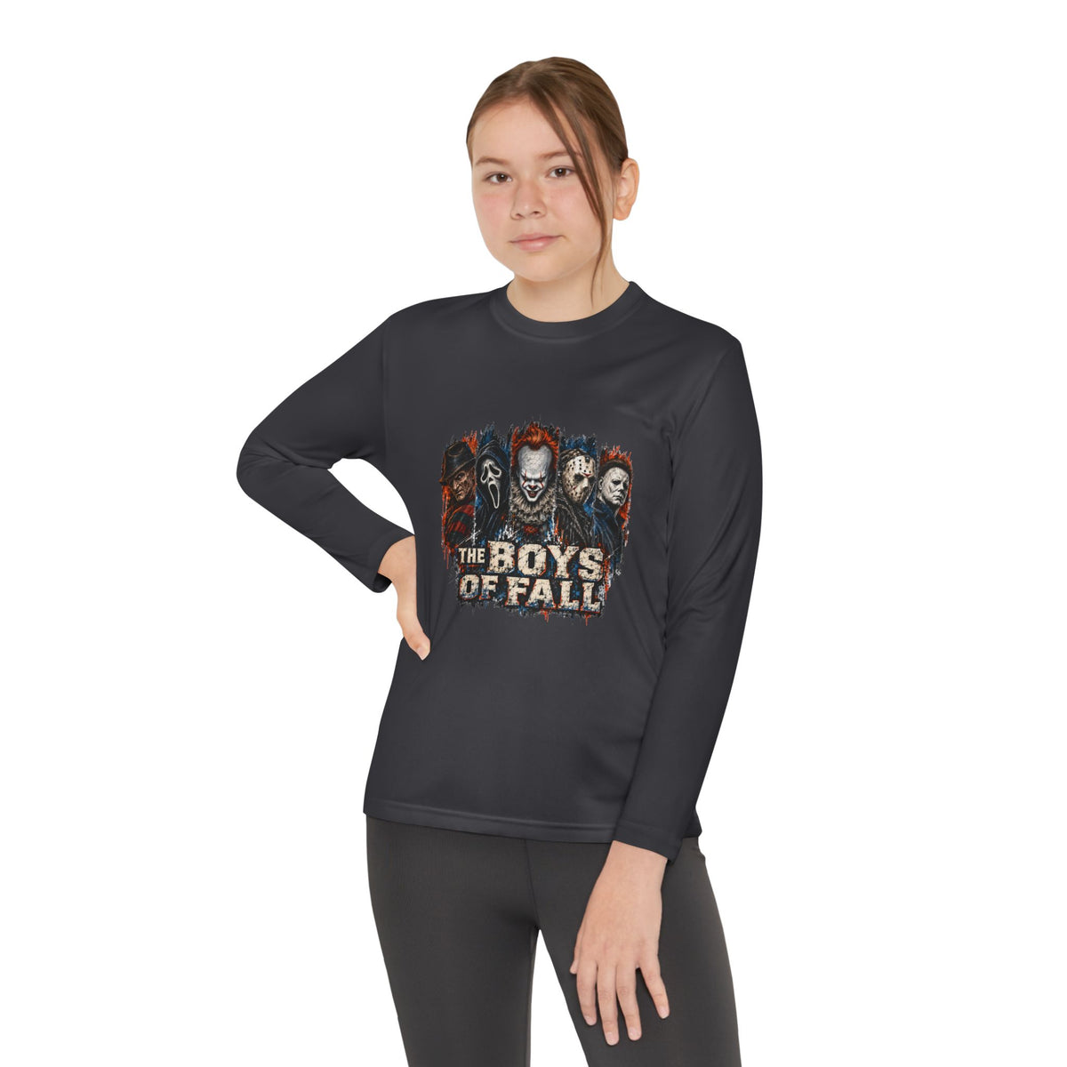 Youth Long Sleeve Tee — "The Boys of Fall" Horror Mask Graphic