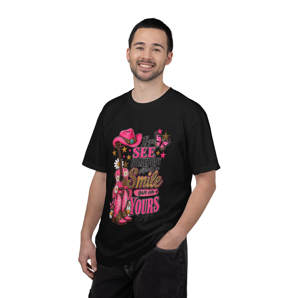 Dolly Cowgirl Guitar T‑Shirt — "If I See Somebody Smile You’re Yours" Graphic Tee