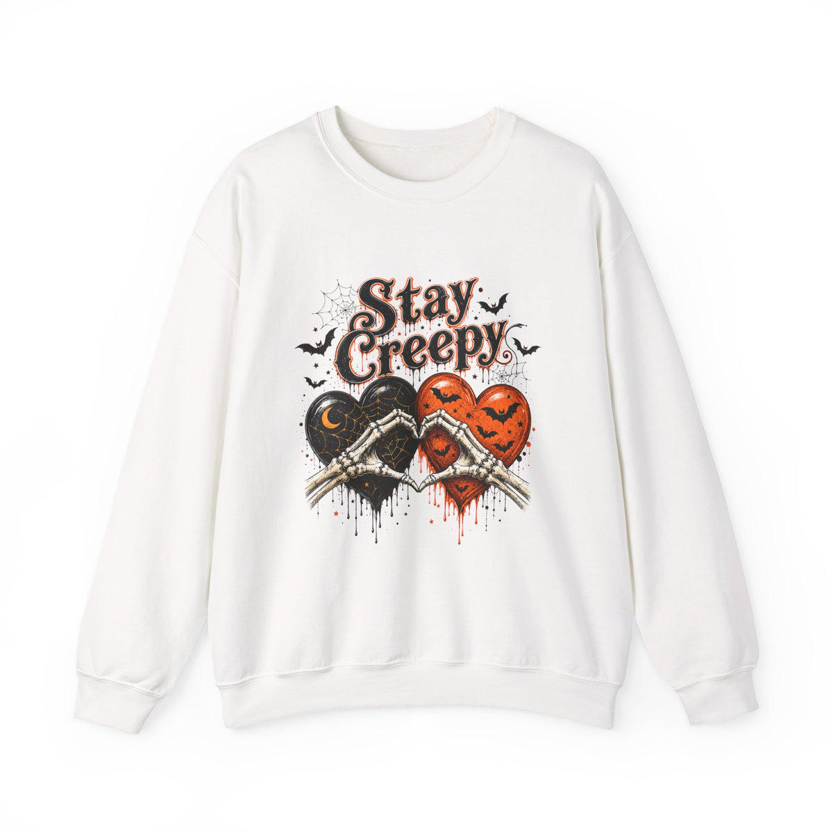 Stay Creepy Sweatshirt — Halloween Heart & Bats Cozy Crewneck