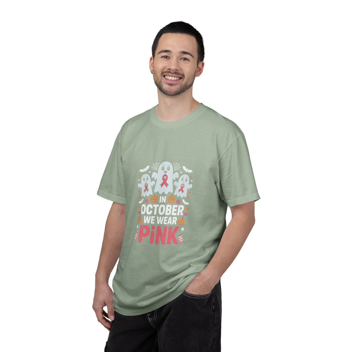 Breast Cancer Halloween Ghost T-Shirt — "In October We Wear Pink"