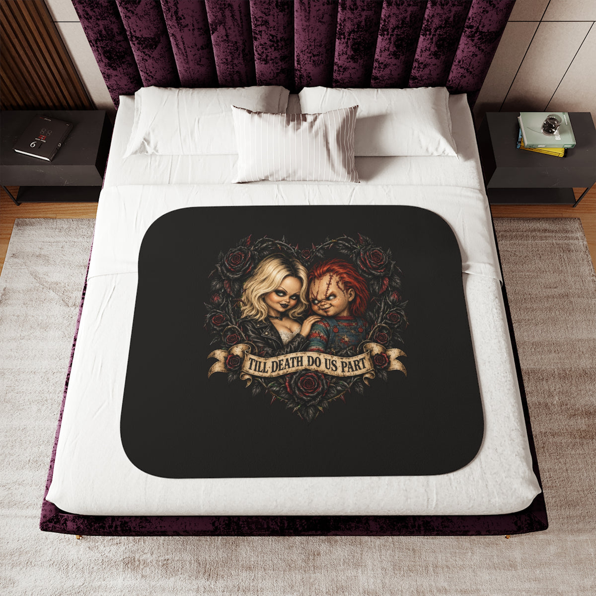 Sherpa Blanket - 'Till Death Do Us Part' Gothic Couple Rose Design, Cozy Throw for Couples & Horror Fans