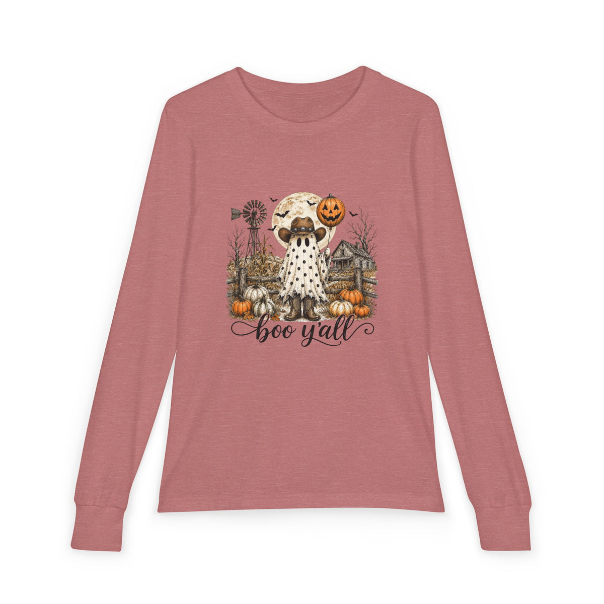 Youth Long Sleeve Tee — Halloween Boo Y'all Ghost Dog Pumpkin Design