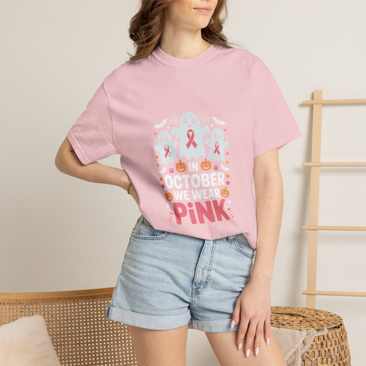 Breast Cancer Halloween Ghost T-Shirt — "In October We Wear Pink"