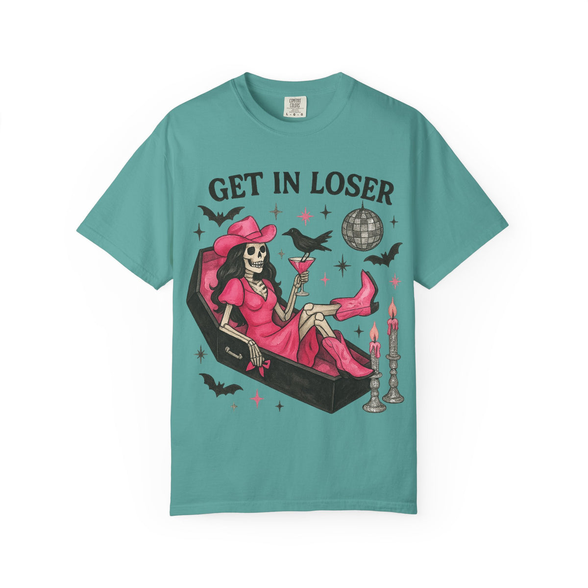 Get In Loser Skeleton Tee — Retro Gothic Witch Coffin Halloween T‑Shirt