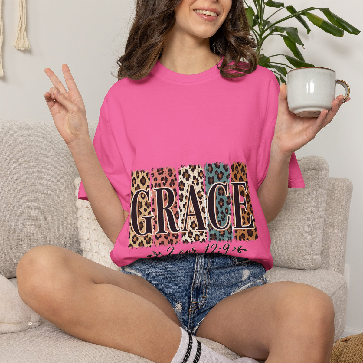 Grace Leopard Block T-Shirt — 2 Cor. 12:9 Christian Graphic Tee