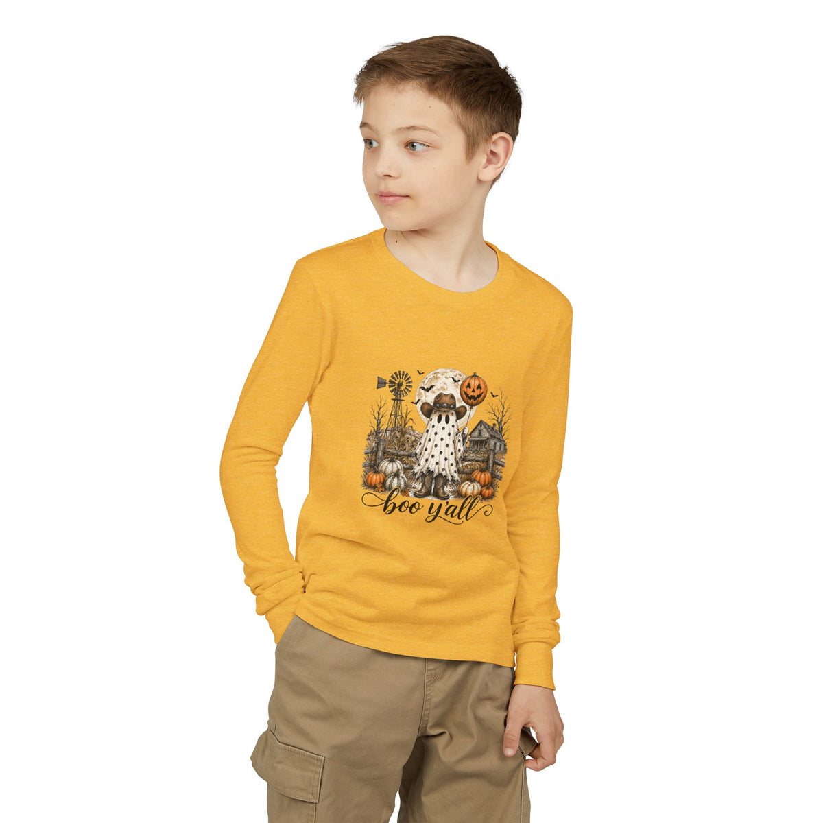 Youth Long Sleeve Tee — Halloween Boo Y'all Ghost Dog Pumpkin Design