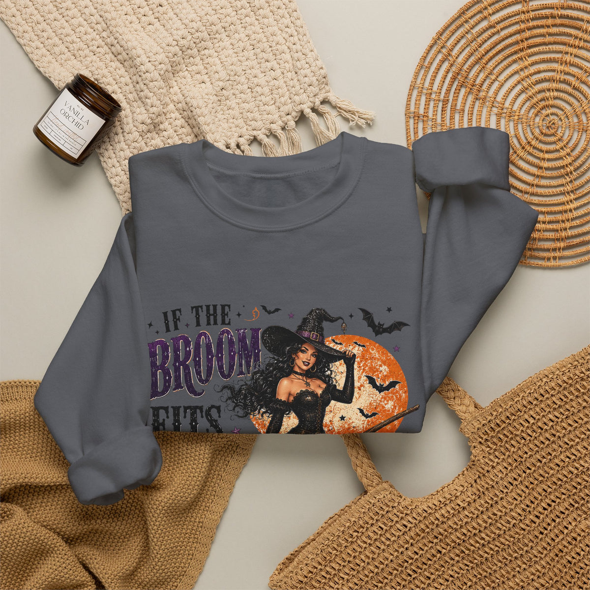 Witchy Halloween Crewneck Sweatshirt — 'If the Broom Fits Ride It' Vintage Pin-Up Design