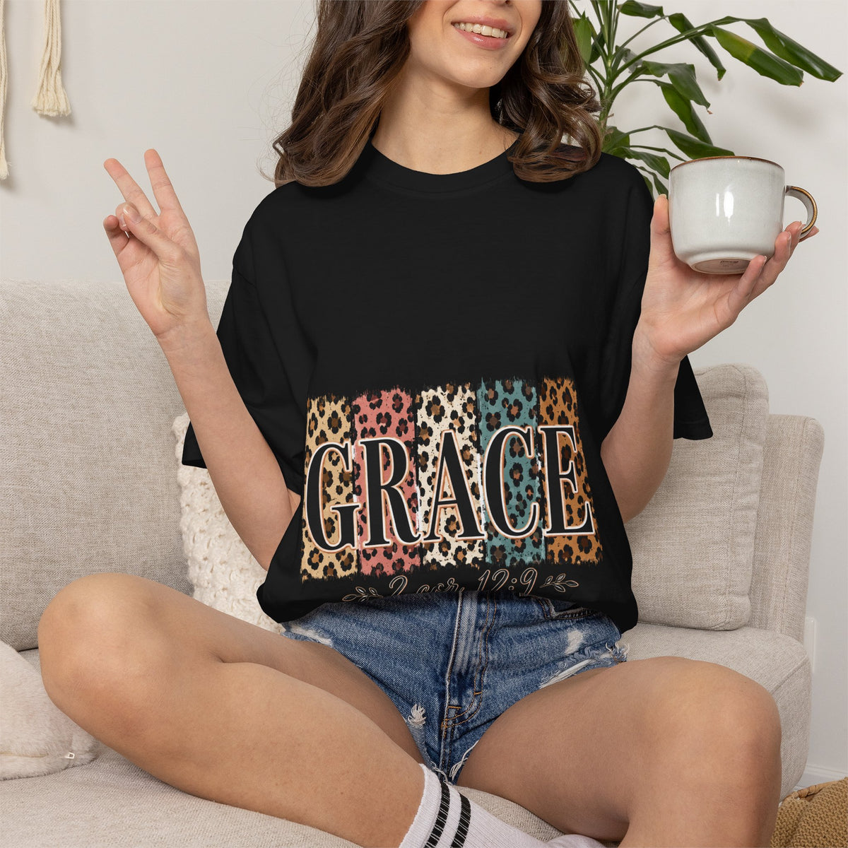 Grace Leopard Block T-Shirt — 2 Cor. 12:9 Christian Graphic Tee