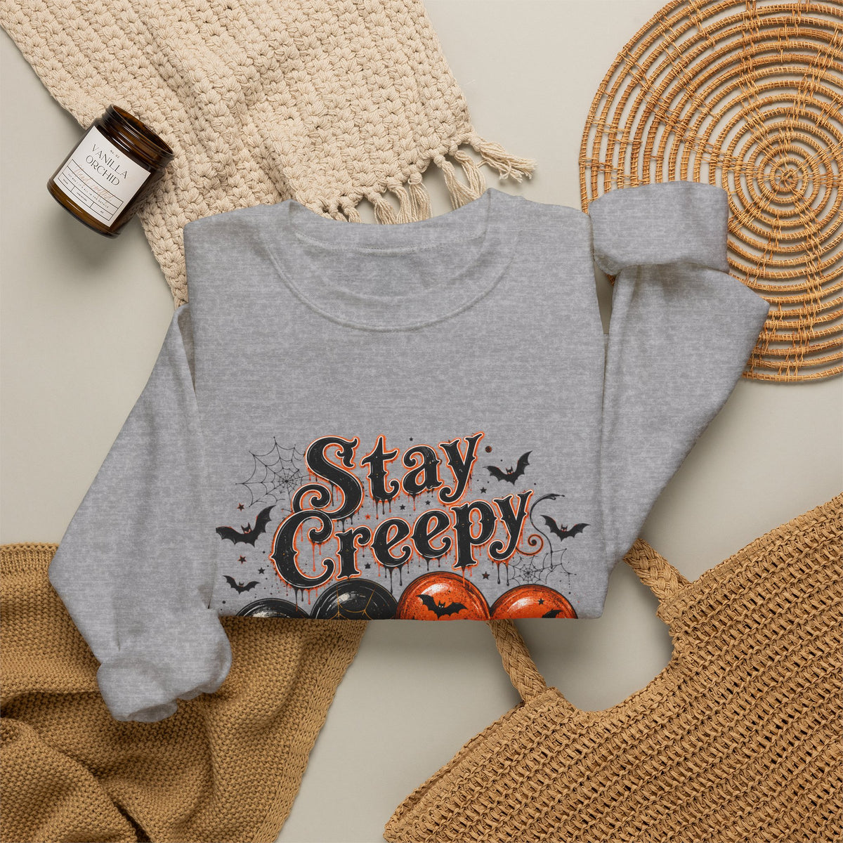 Stay Creepy Sweatshirt — Halloween Heart & Bats Cozy Crewneck