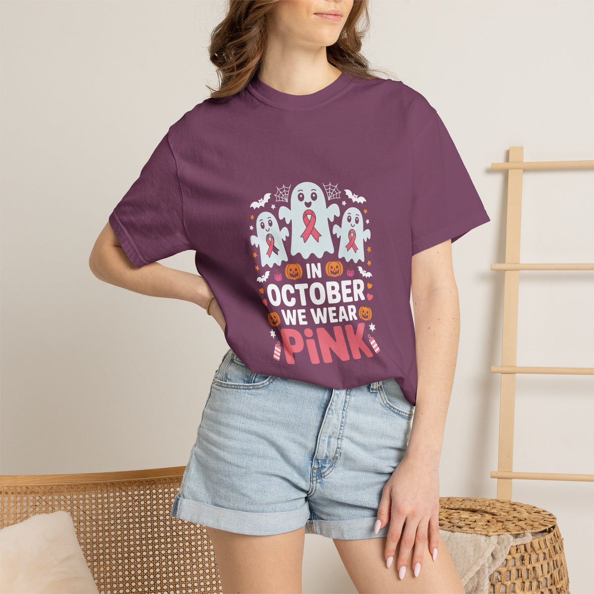 Breast Cancer Halloween Ghost T-Shirt — "In October We Wear Pink"