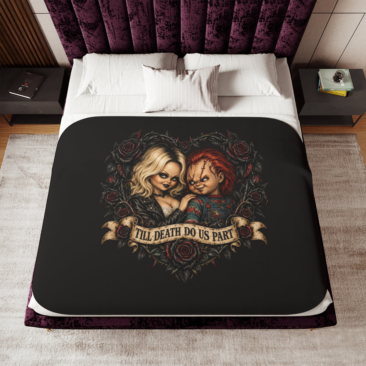 Sherpa Blanket - 'Till Death Do Us Part' Gothic Couple Rose Design, Cozy Throw for Couples & Horror Fans