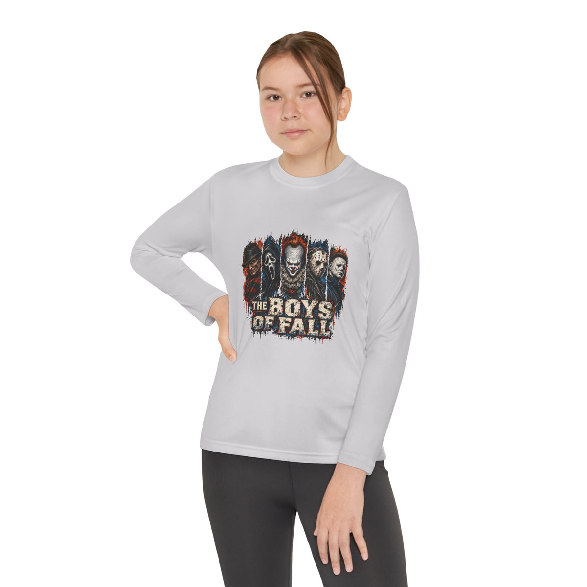 Youth Long Sleeve Tee — "The Boys of Fall" Horror Mask Graphic