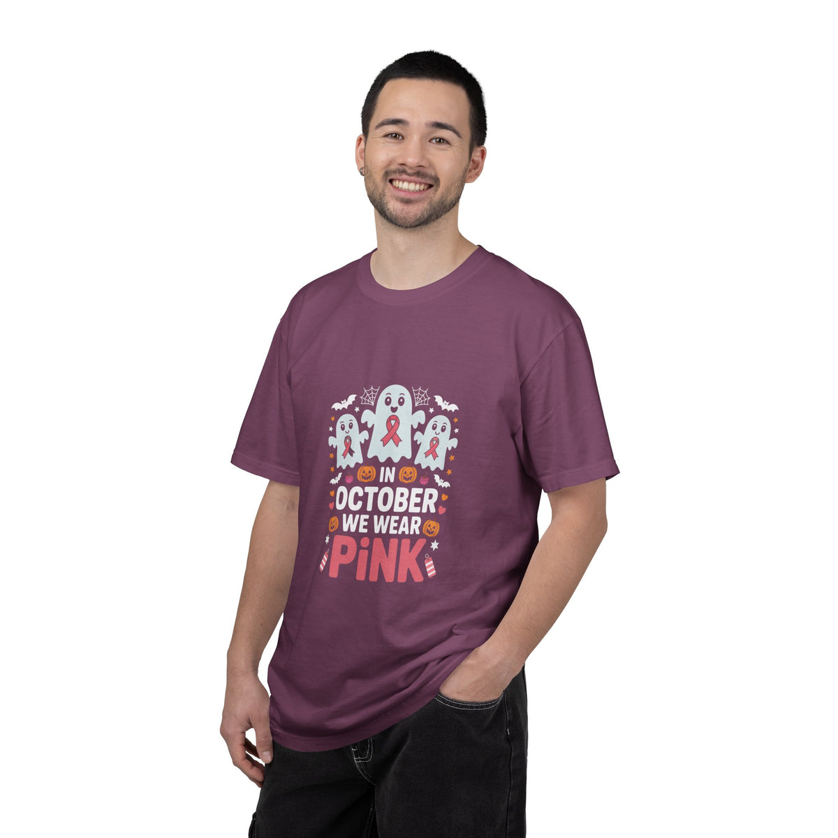 Breast Cancer Halloween Ghost T-Shirt — "In October We Wear Pink"