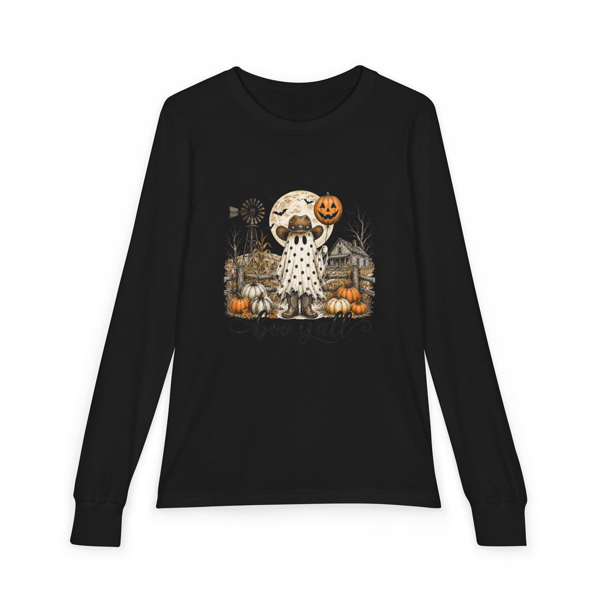 Youth Long Sleeve Tee — Halloween Boo Y'all Ghost Dog Pumpkin Design