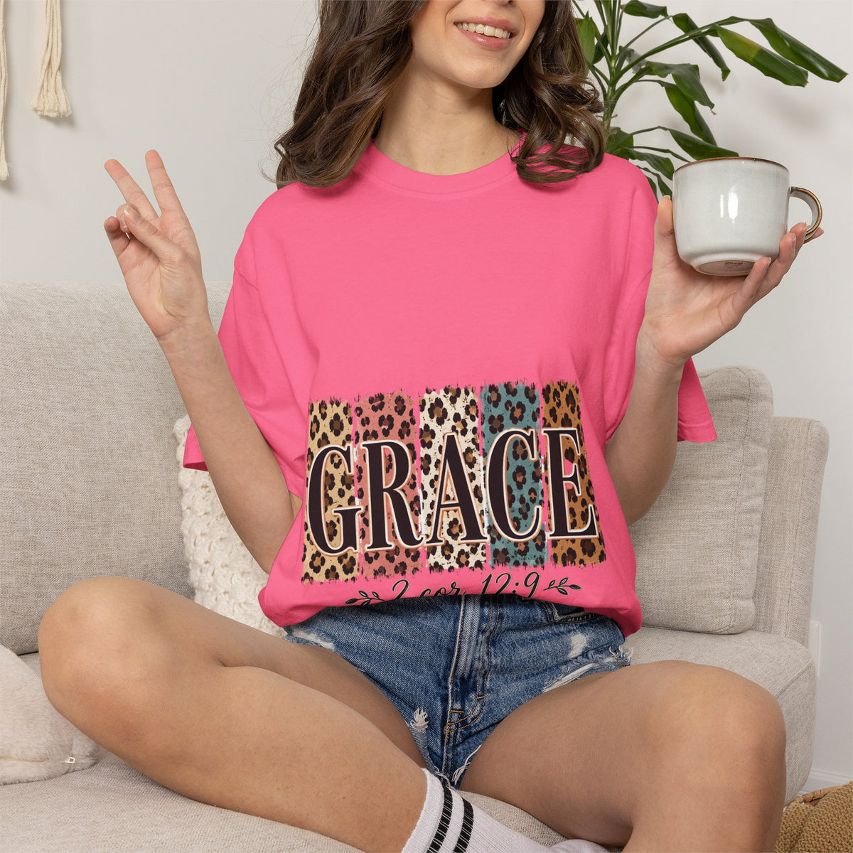 Grace Leopard Block T-Shirt — 2 Cor. 12:9 Christian Graphic Tee