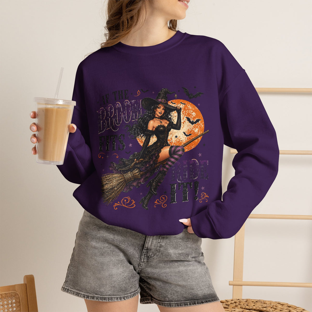 Witchy Halloween Crewneck Sweatshirt — 'If the Broom Fits Ride It' Vintage Pin-Up Design