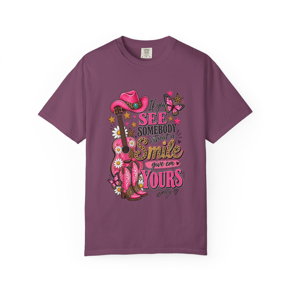 Dolly Cowgirl Guitar T‑Shirt — "If I See Somebody Smile You’re Yours" Graphic Tee