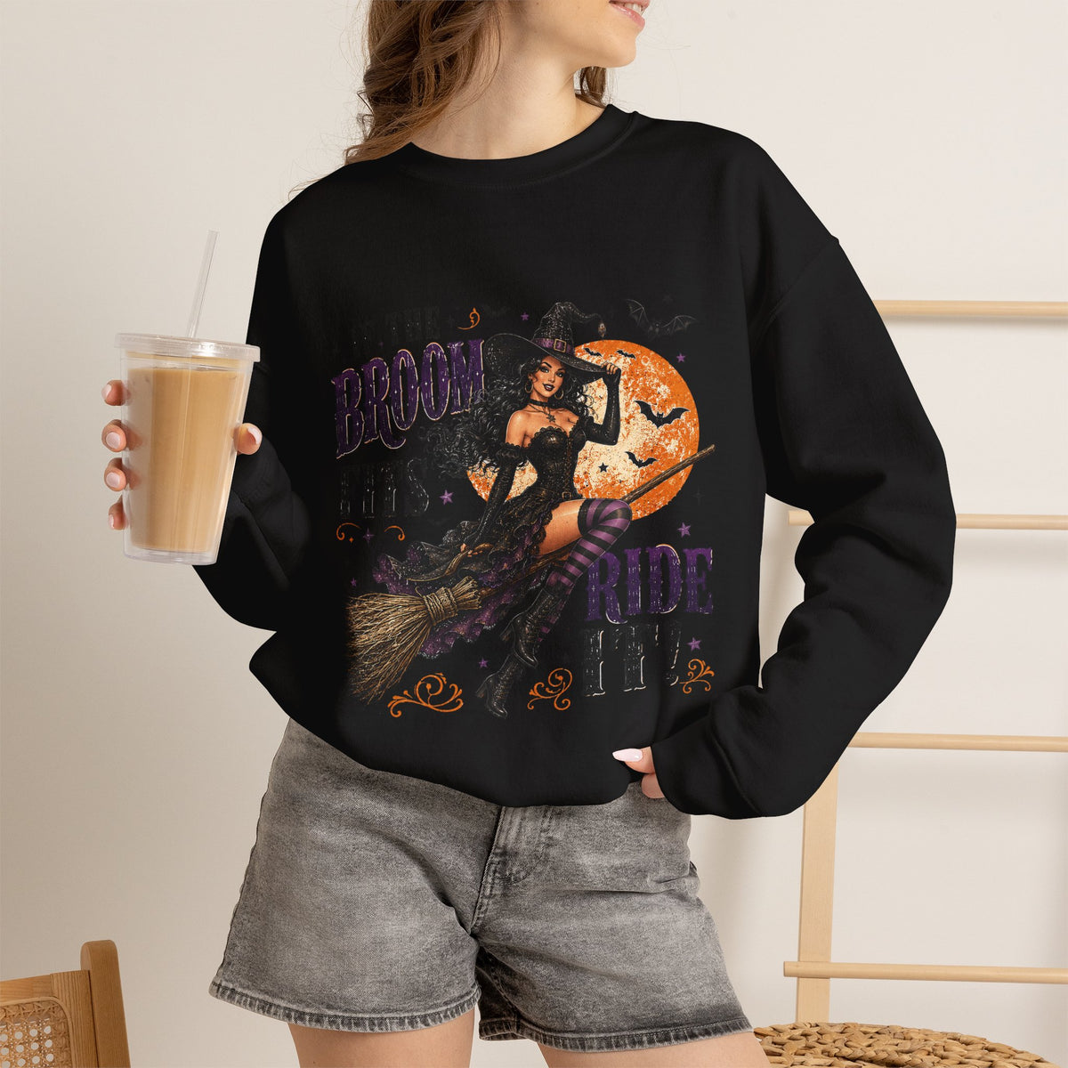 Witch on Broom Halloween Sweatshirt — “If the Broom Fits, Ride It!”