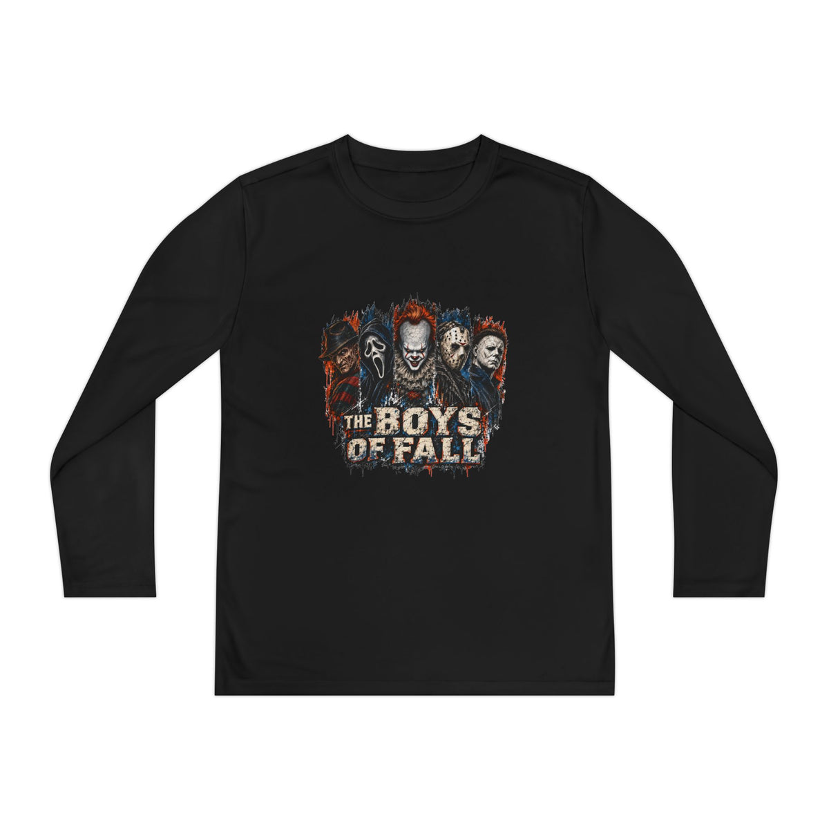 Youth Long Sleeve Tee — "The Boys of Fall" Horror Mask Graphic