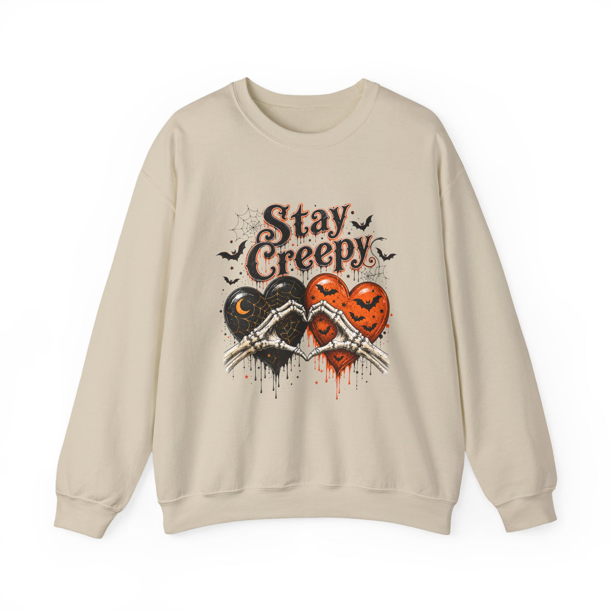 Stay Creepy Sweatshirt — Halloween Heart & Bats Cozy Crewneck