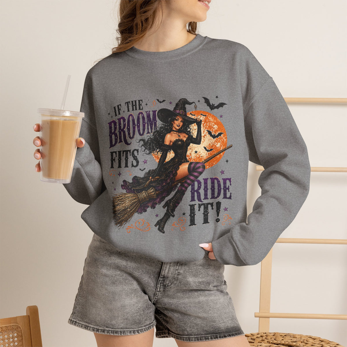 Witchy Halloween Crewneck Sweatshirt — 'If the Broom Fits Ride It' Vintage Pin-Up Design