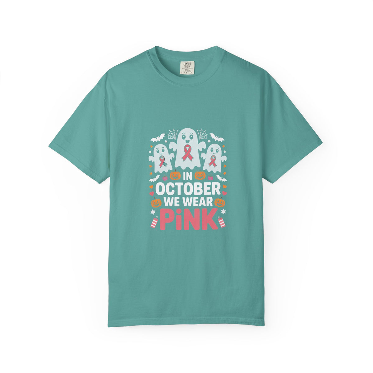 Breast Cancer Halloween Ghost T-Shirt — "In October We Wear Pink"