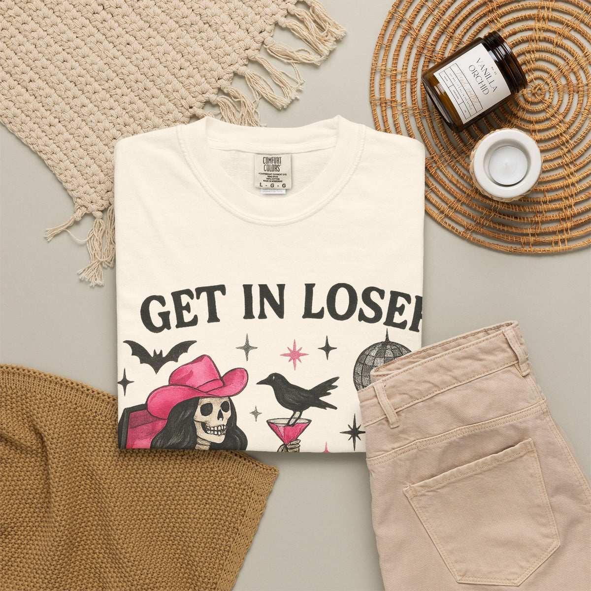 Get In Loser Skeleton Tee — Retro Gothic Witch Coffin Halloween T‑Shirt