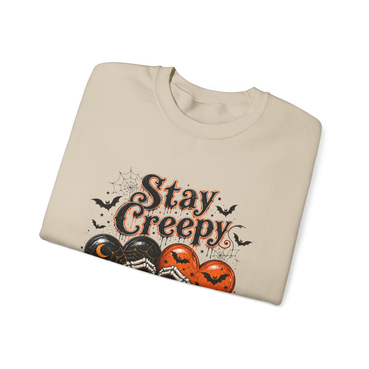 Stay Creepy Sweatshirt — Halloween Heart & Bats Cozy Crewneck