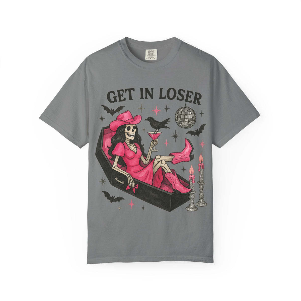 Get In Loser Skeleton Tee — Retro Gothic Witch Coffin Halloween T‑Shirt