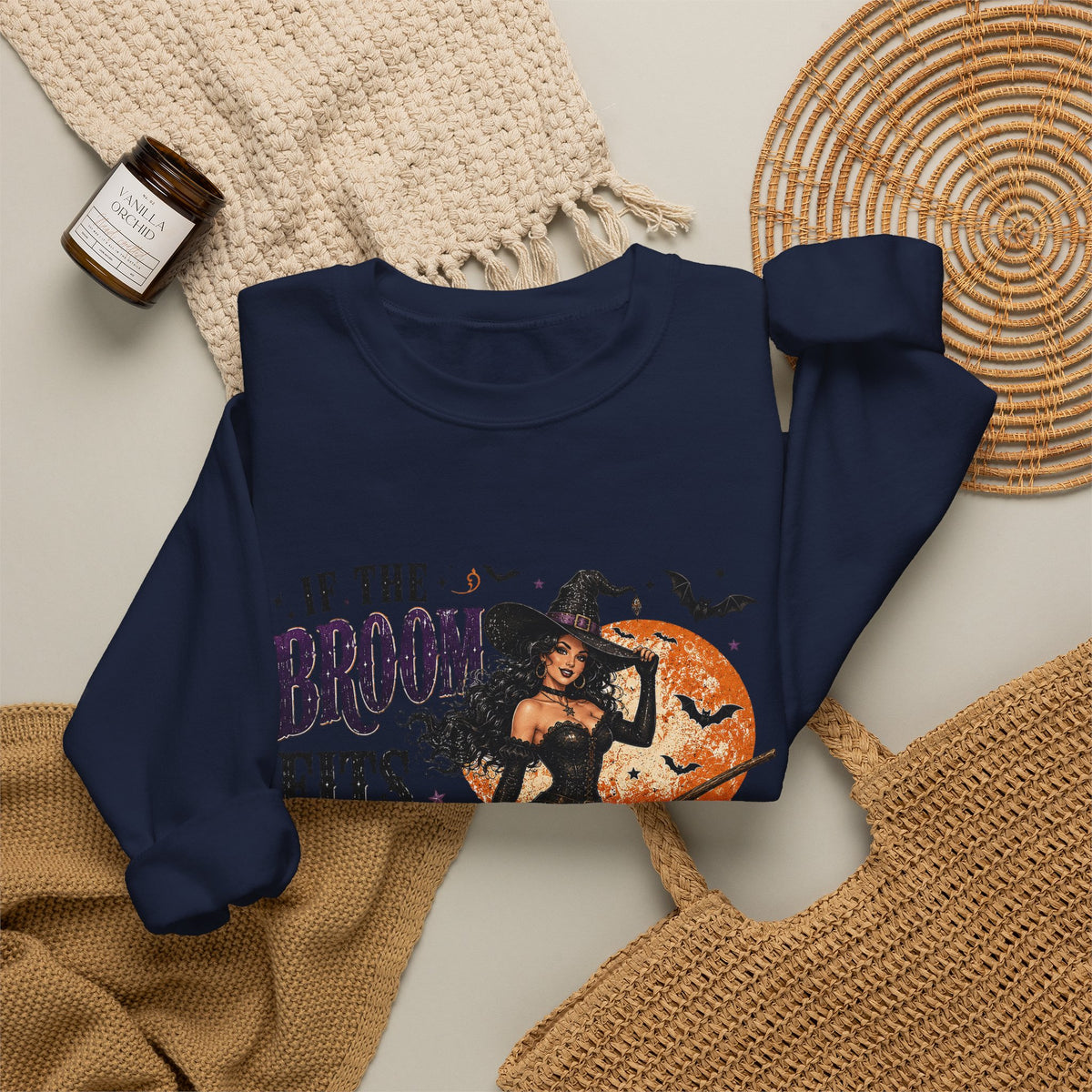 Witch on Broom Halloween Sweatshirt — “If the Broom Fits, Ride It!”