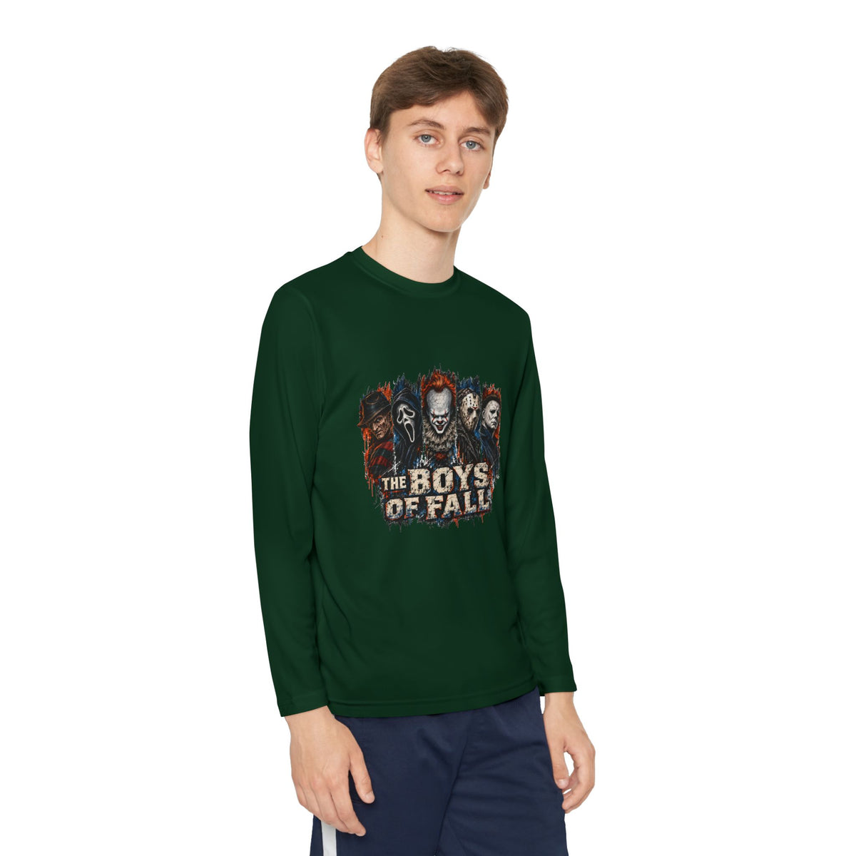 Youth Long Sleeve Tee — "The Boys of Fall" Horror Mask Graphic