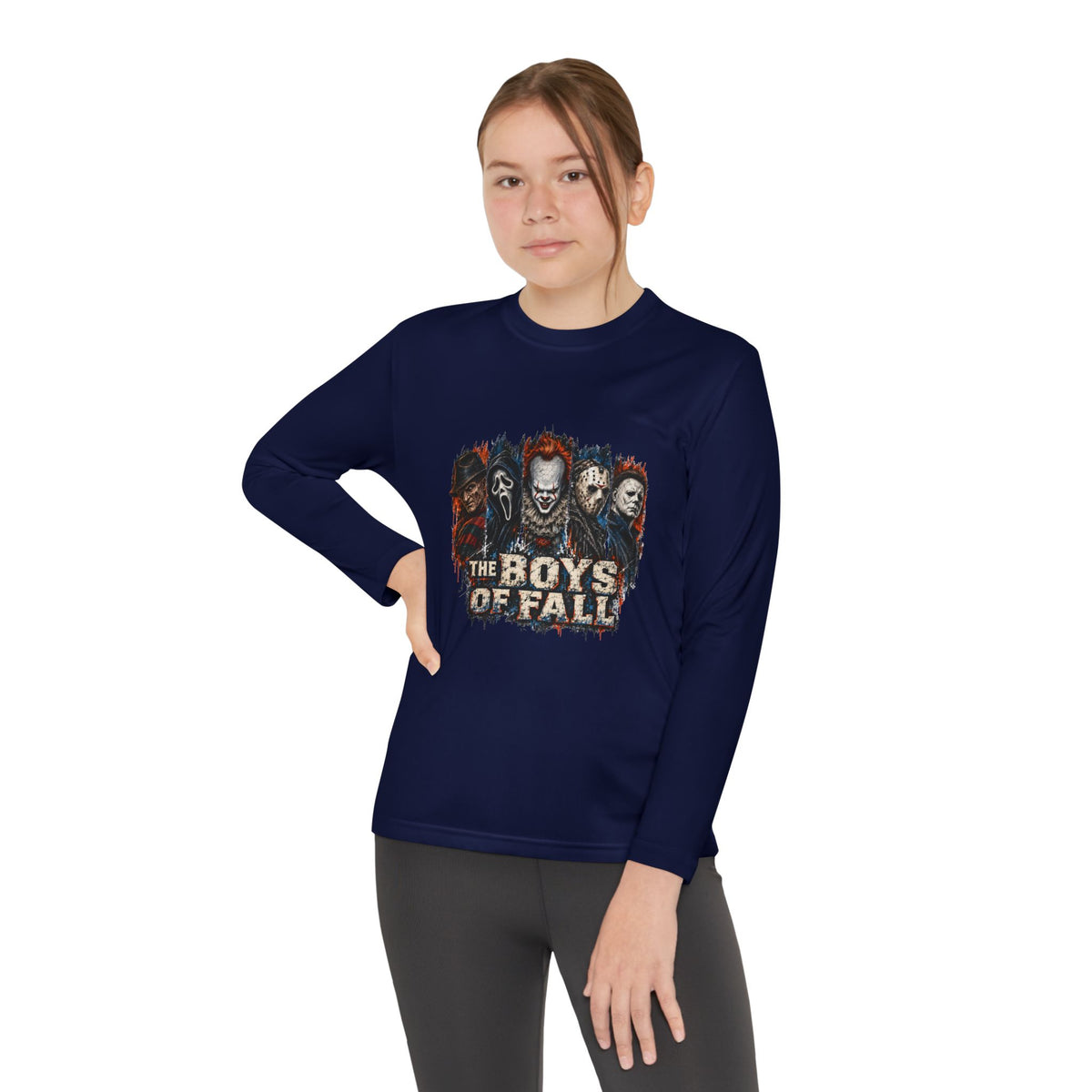 Youth Long Sleeve Tee — "The Boys of Fall" Horror Mask Graphic