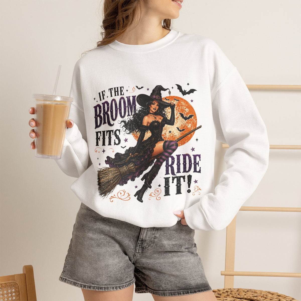 Witch on Broom Halloween Sweatshirt — “If the Broom Fits, Ride It!”