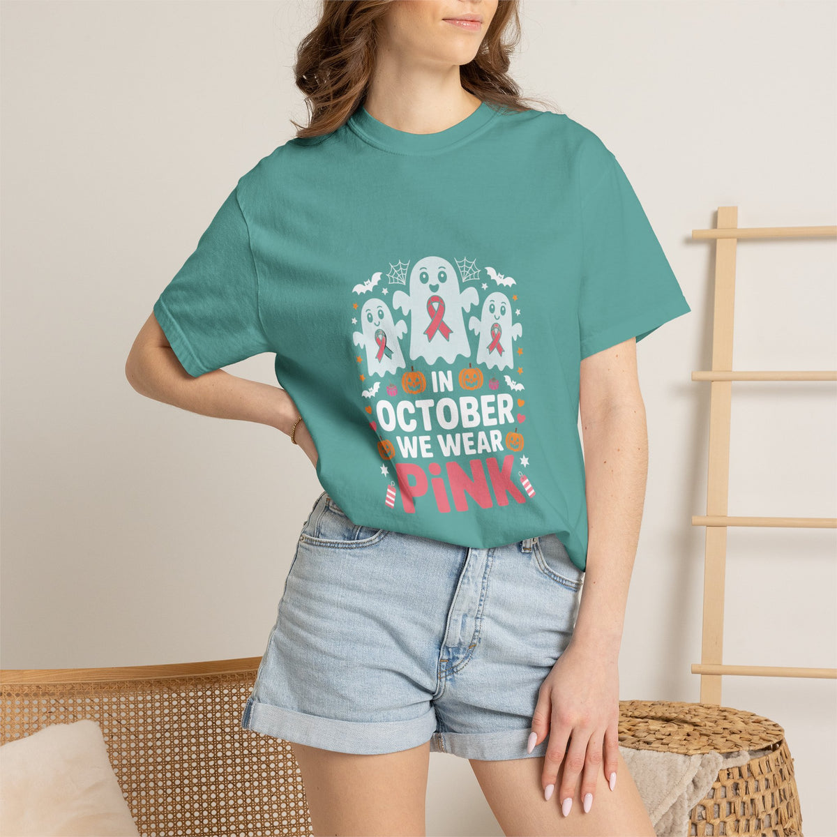 Breast Cancer Halloween Ghost T-Shirt — "In October We Wear Pink"