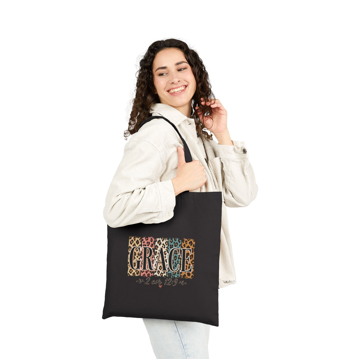 Grace Leopard Print Canvas Tote — Faith Scripture 2 Cor 12:9 Shoulder Bag