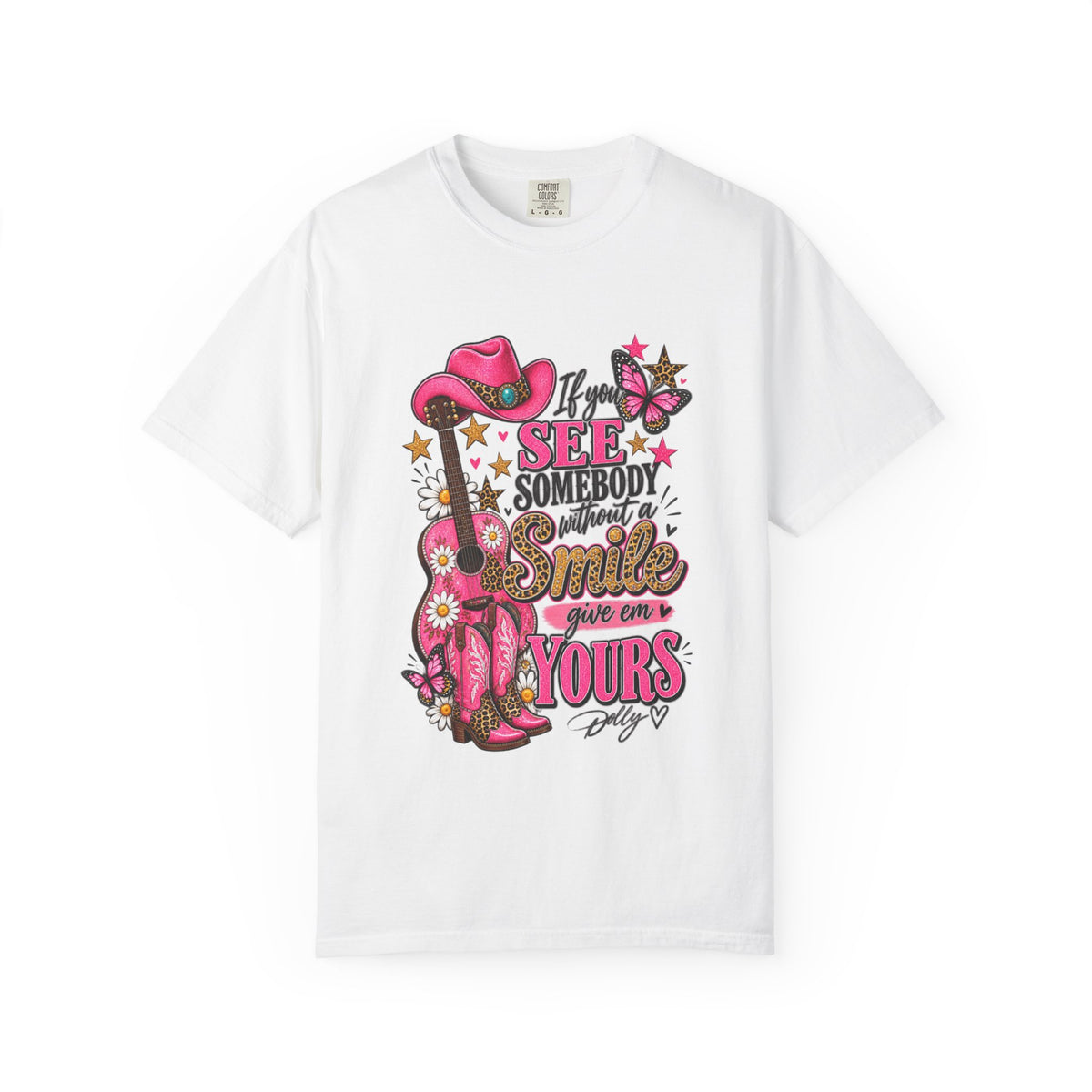 Dolly Cowgirl Guitar T‑Shirt — "If I See Somebody Smile You’re Yours" Graphic Tee