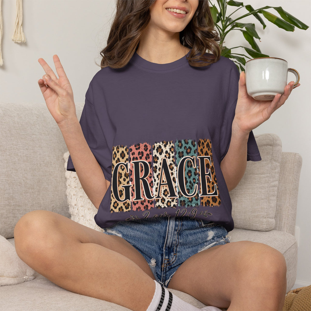 Grace Leopard Block T-Shirt — 2 Cor. 12:9 Christian Graphic Tee