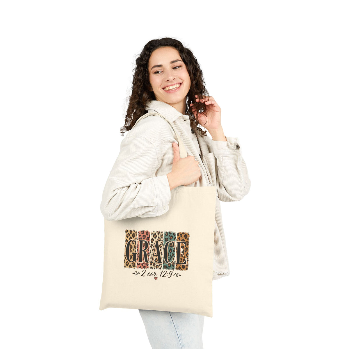 Grace Leopard Print Canvas Tote — Faith Scripture 2 Cor 12:9 Shoulder Bag
