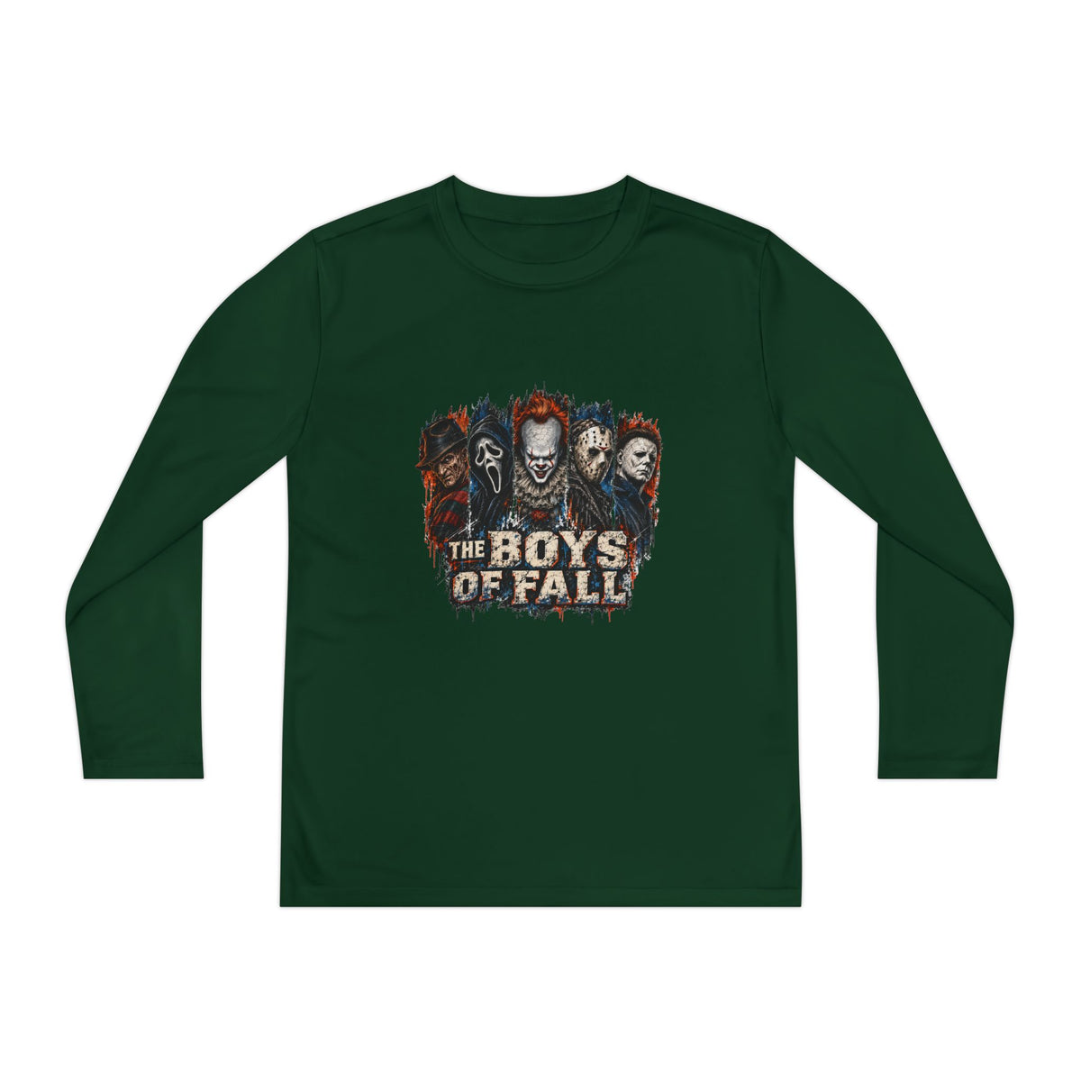 Youth Long Sleeve Tee — "The Boys of Fall" Horror Mask Graphic
