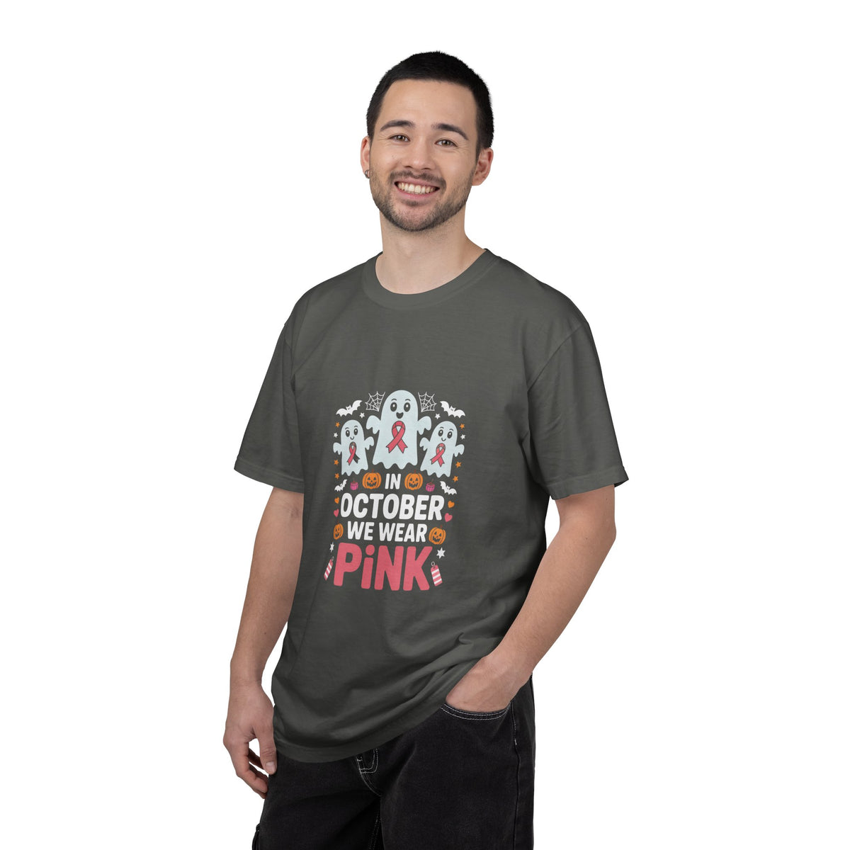 Breast Cancer Halloween Ghost T-Shirt — "In October We Wear Pink"