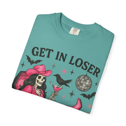 Get In Loser Skeleton Tee — Retro Gothic Witch Coffin Halloween T‑Shirt